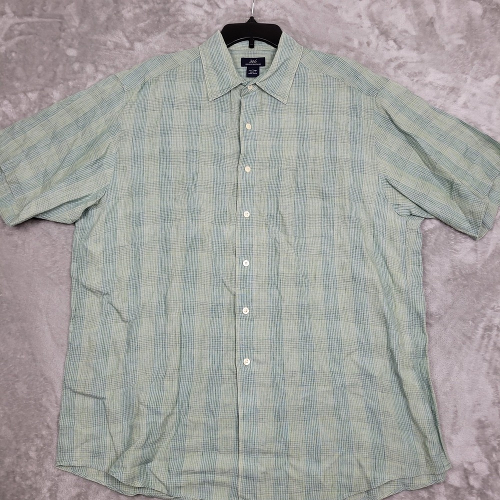 Brooks Brothers 346 Men's L Green Plaid 100% Linen Short Sleeve Button-Up Shirt